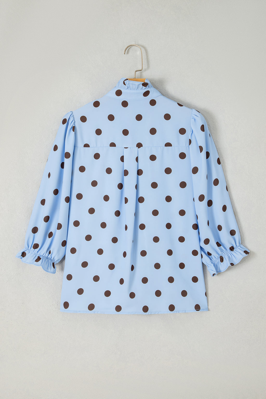 Fiery Red Polka Dot Striped Print Ruffle Stand Neck 3/4 Sleeve Shift Shirt