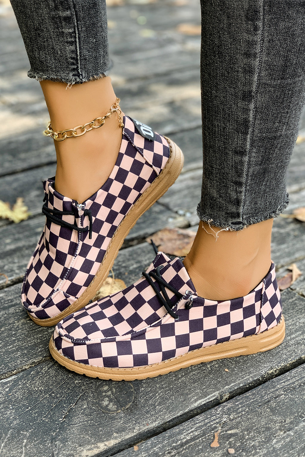 Dark Brown Checkered Print PU Leather Lace Up Detail Flat Shoes