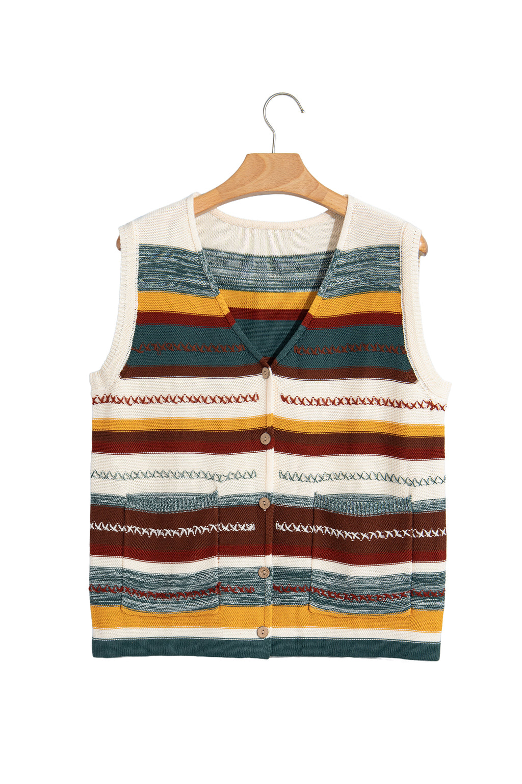 Multicolour Striped Button Front Sleeveless Knit Regular Fit Sweater Vest