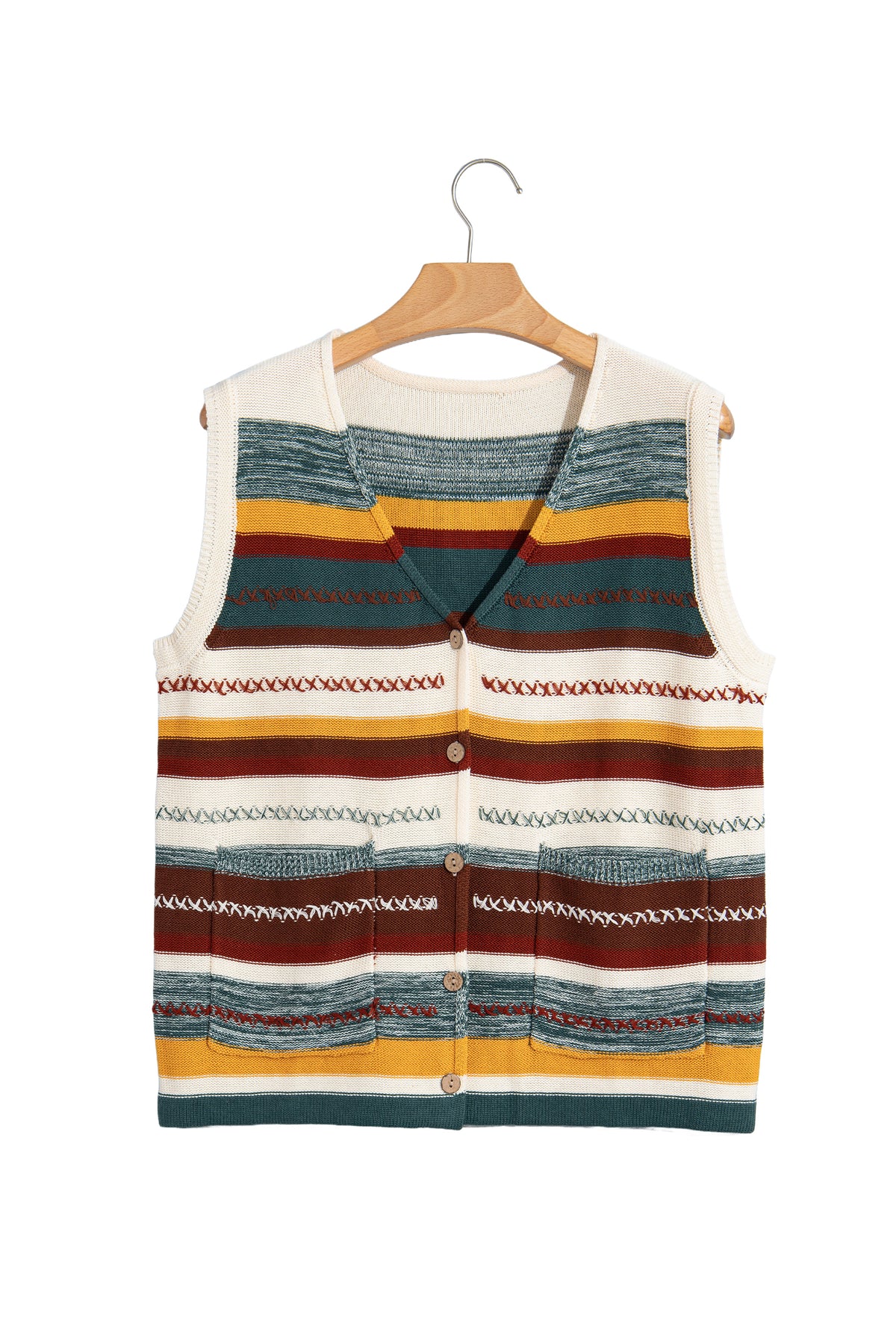 Multicolour Striped Button Front Sleeveless Knit Regular Fit Sweater Vest