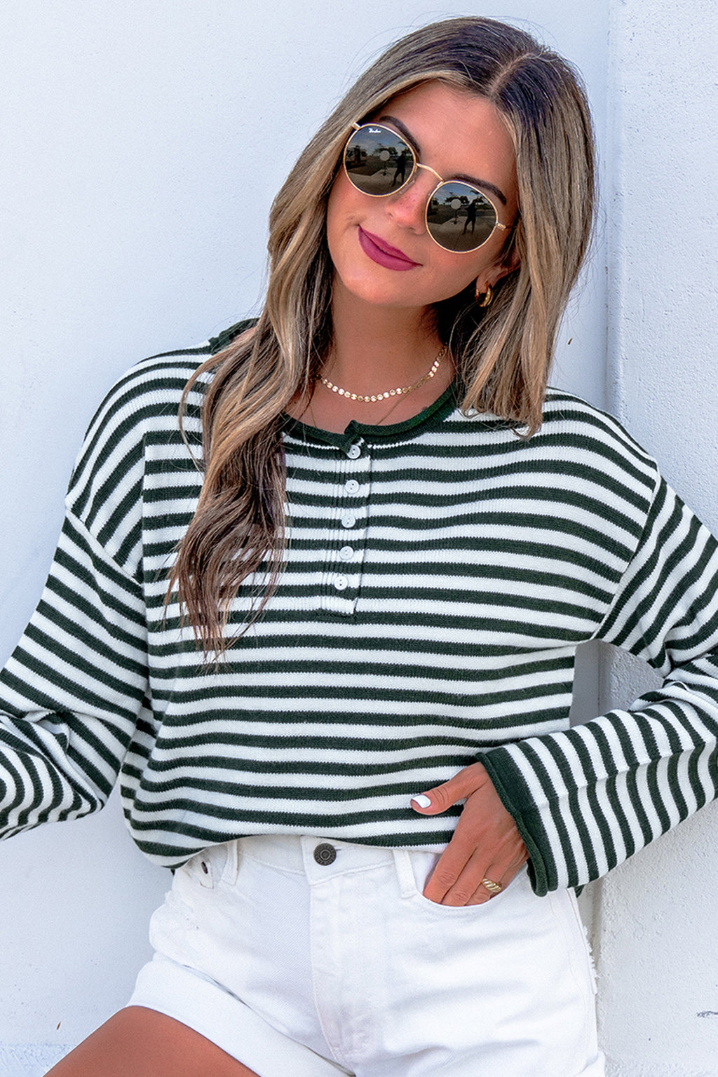 Green Stripe Striped Button Placket Drop Shoulder Long Sleeve Sweater