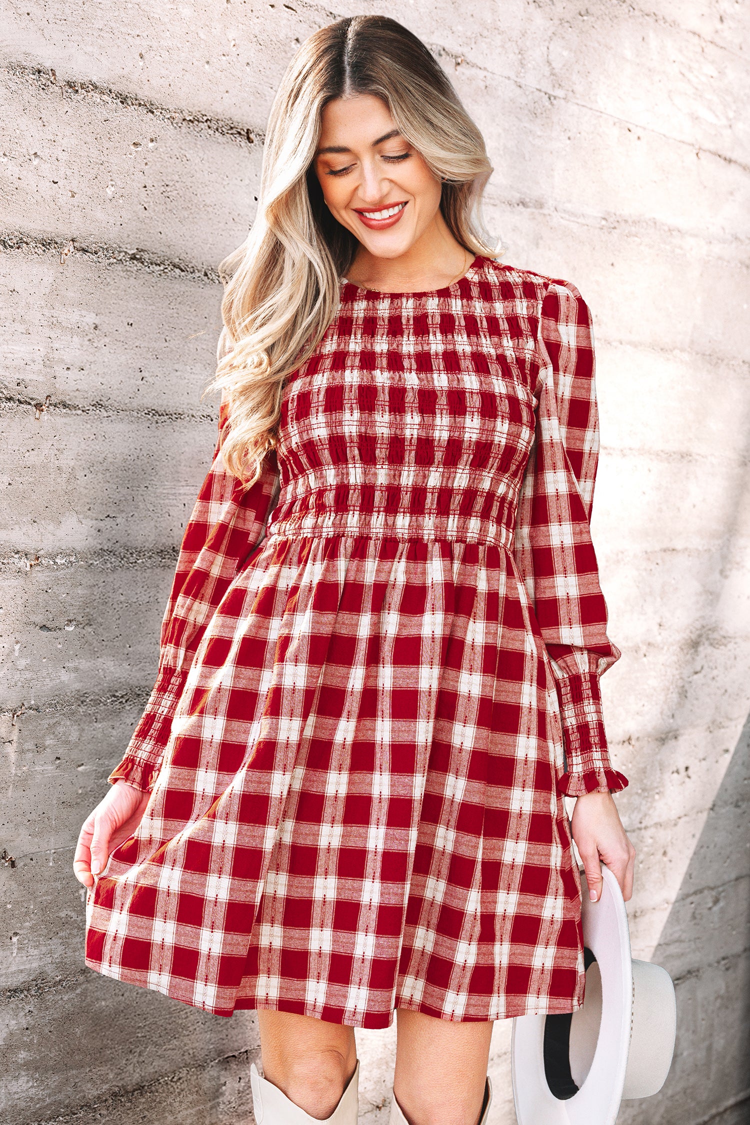 Red Plaid Print Smocked Puff Sleeve Mini Dress
