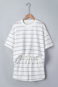 White Stripe Half Sleeve Tee Drawstring Shorts 2pcs Set