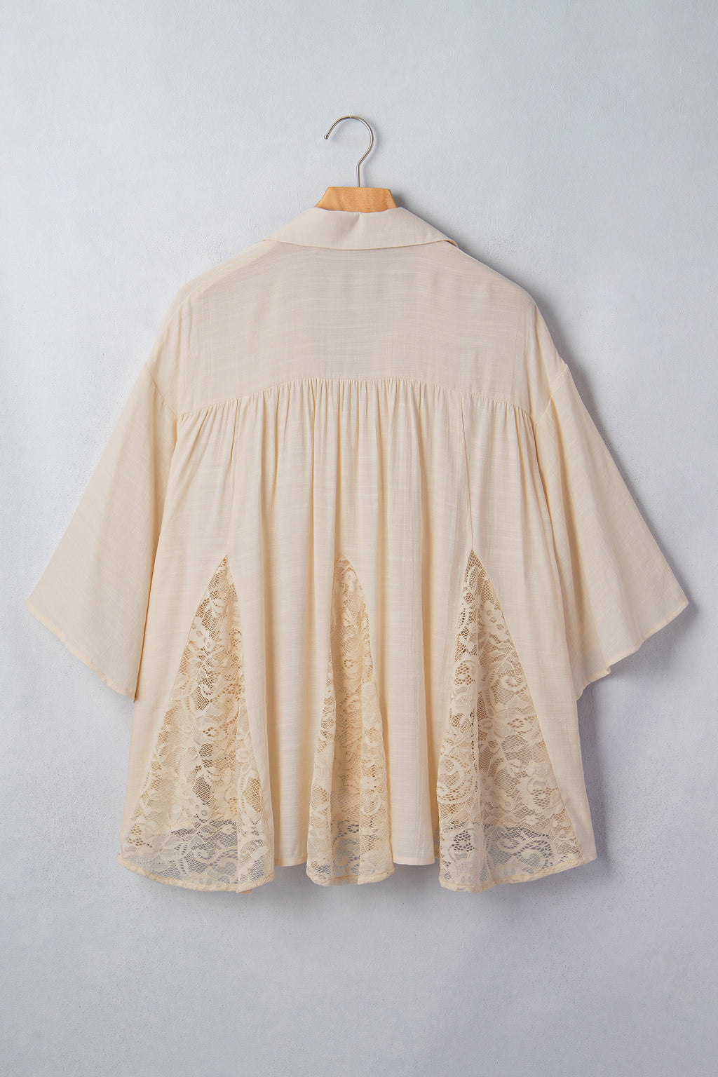 Oatmeal Sheer Lace Splicing Detail Bracelet Sleeve Loose Flowy Shirt