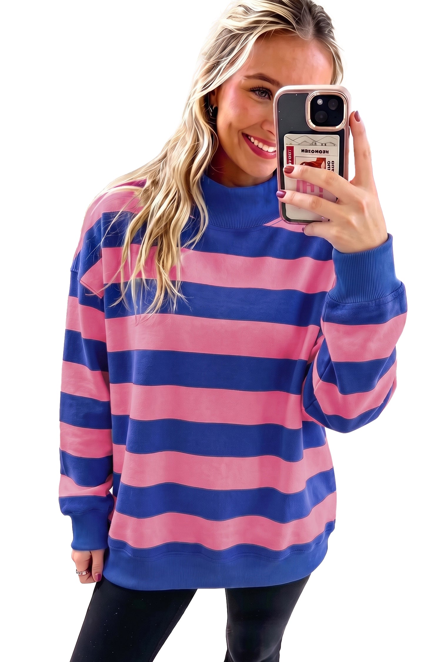 Rose Stripe Colorblock Mock Neck Relaxed Sweatshirt