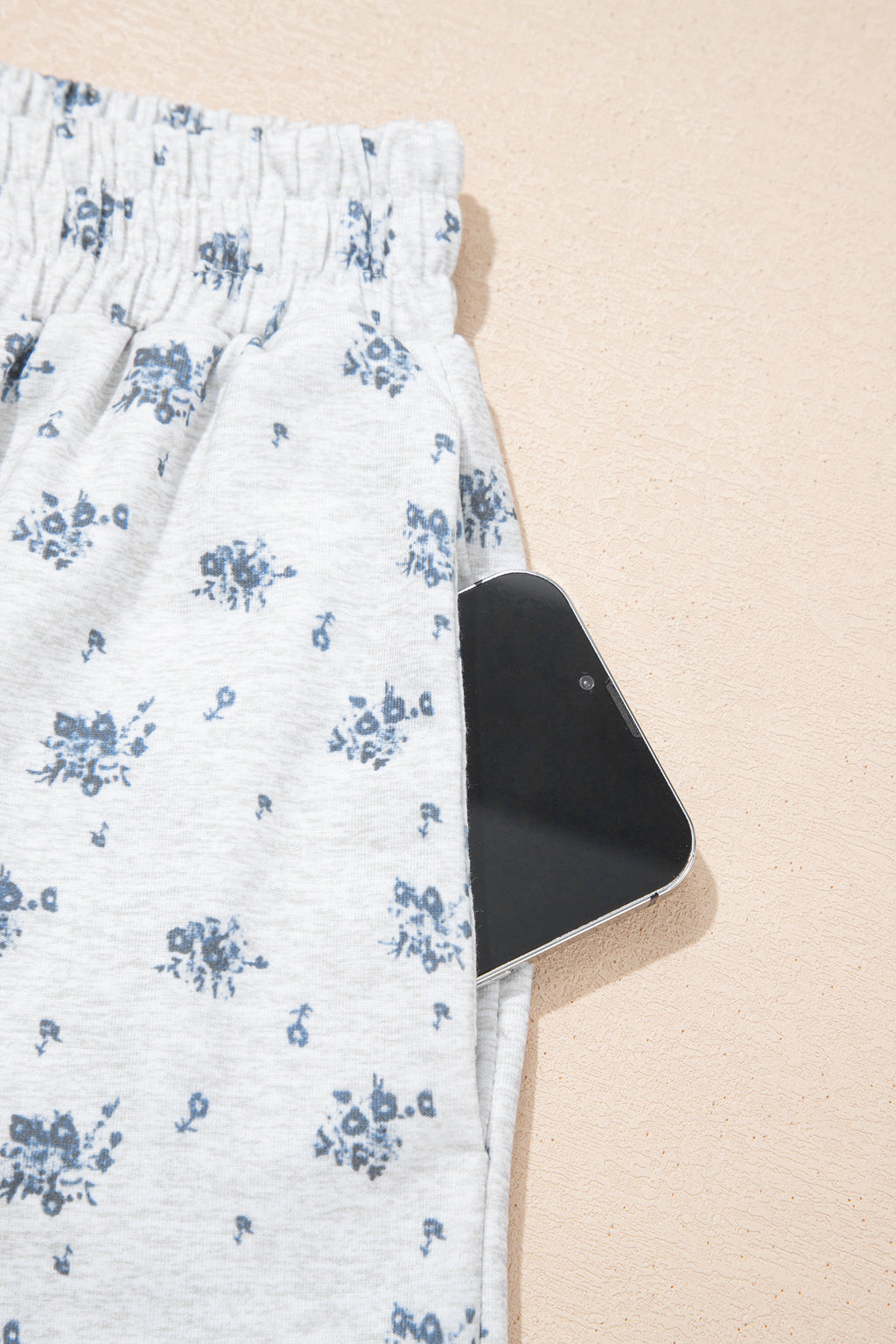 Gray Floral Print Elastic Waist Full Length Regular Pants