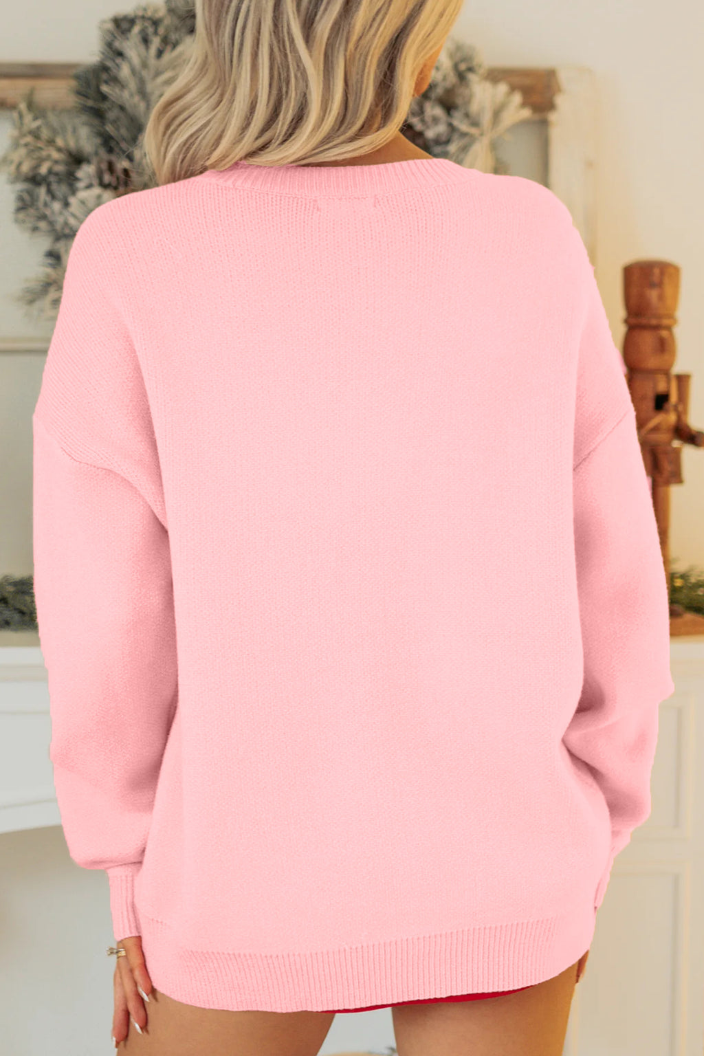 Gossamer Pink Drop Shoulder Round Neck Towel Embroidery Slogan Pullover Sweater