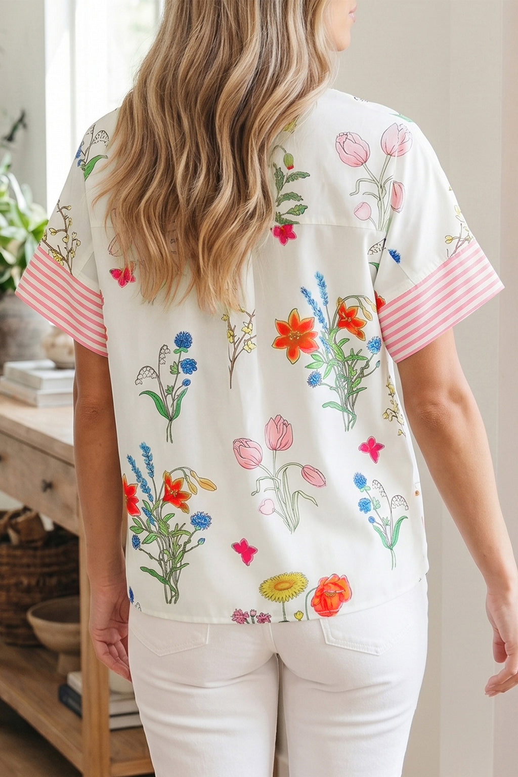 Sky Blue Floral Striped Patchwork Ruffled Collar Short Sleeve Shirt