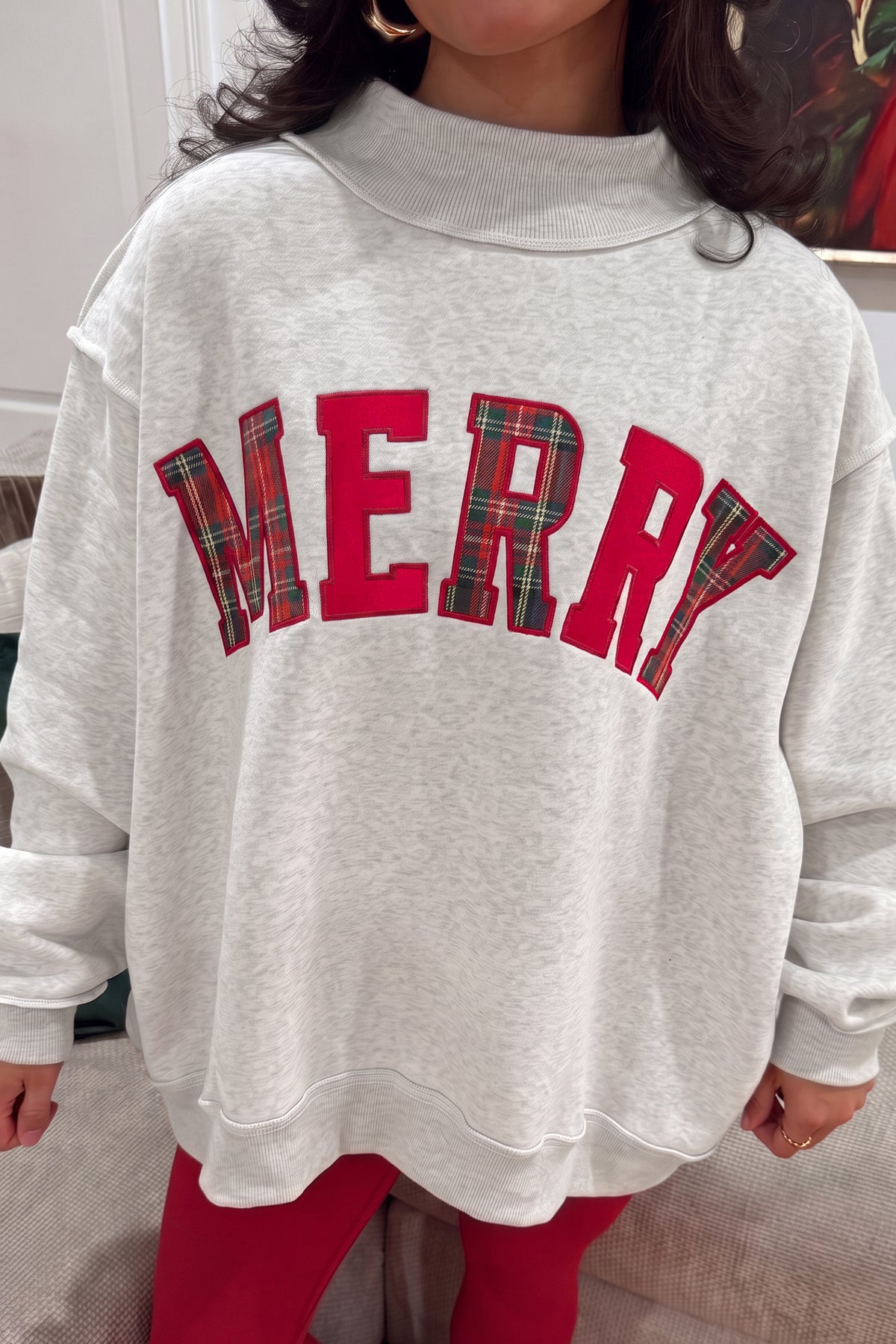 Light Grey MERRY Embroidered Letter High Neck Tunic Pullover Sweatshirt