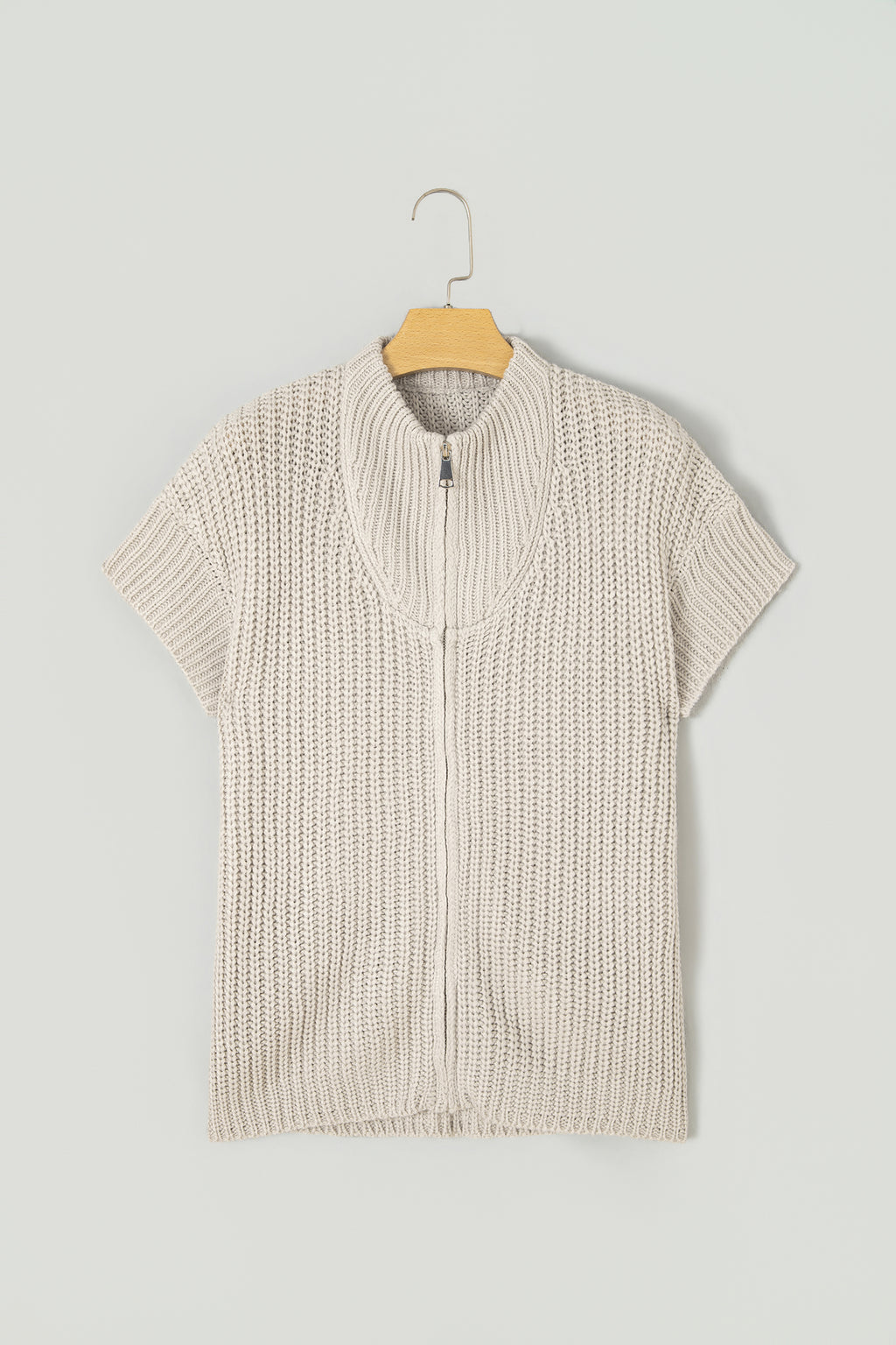 Jet Stream Solid Color Short Sleeve Zipper Knit High Neck Sweater