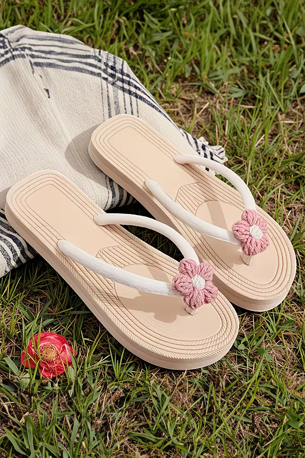 Khaki Corded Flower Vacation Casual Flip Flops