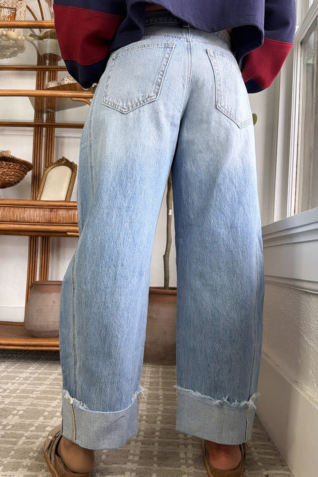 Sail Blue Raw Hem Turnup Loose Ankle-length Jeans