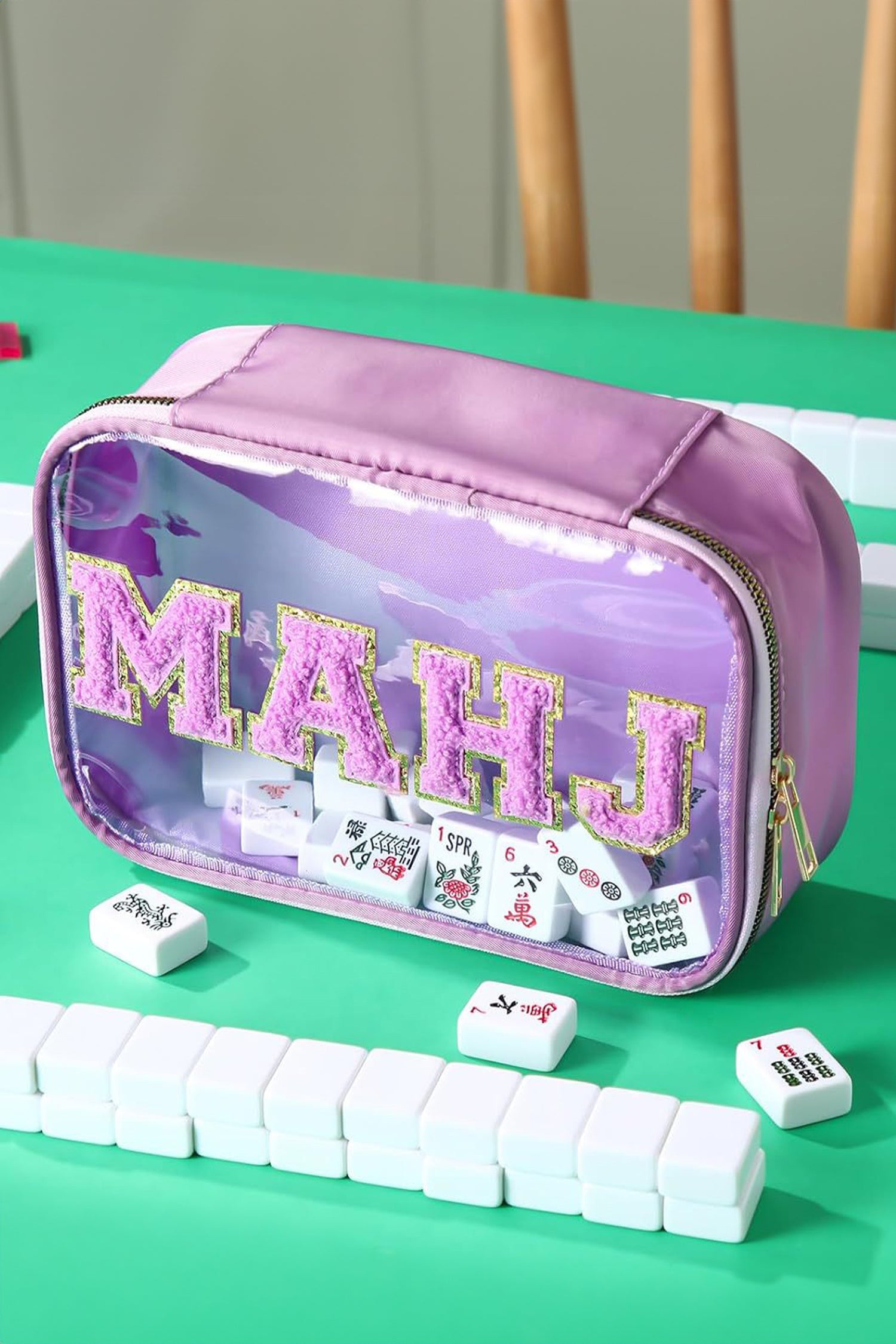 Wisteria MAHJ Chenille Patched PVC Clear Waterproof Zip Storage Bag