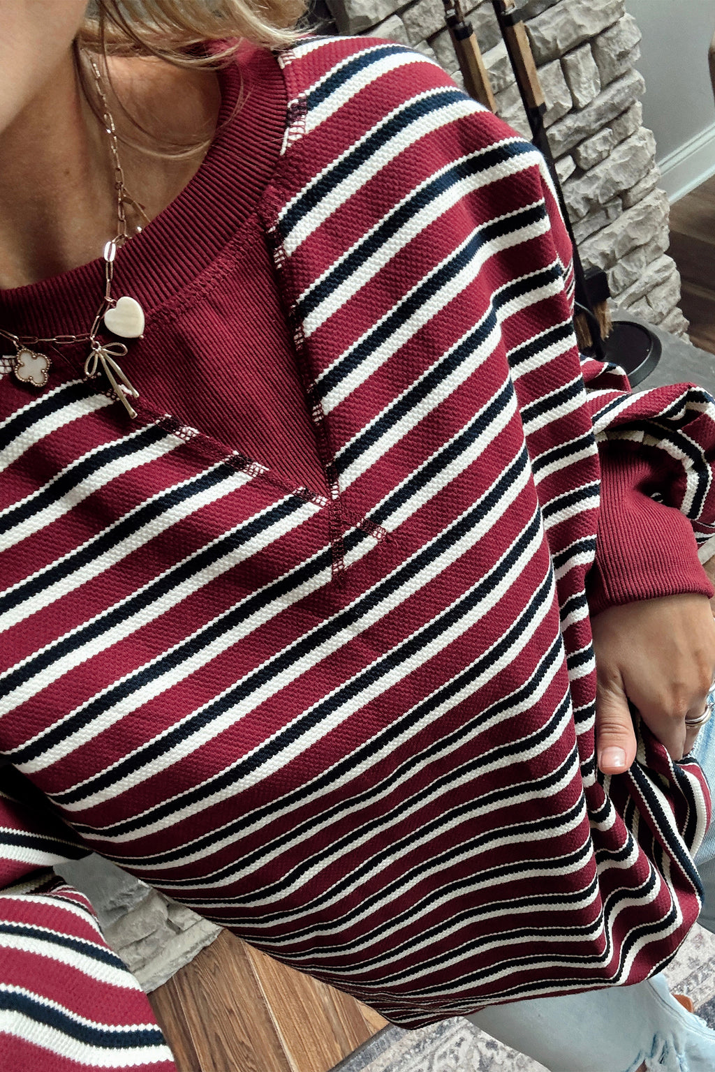 Red Stripe Dropped Shoulder Long Puff Sleeve Top