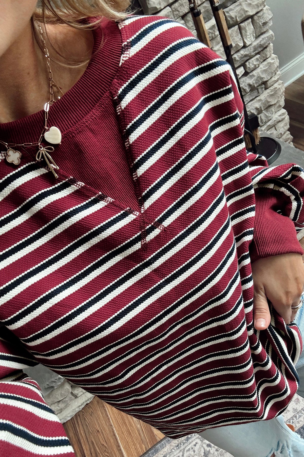 Red Stripe Dropped Shoulder Long Puff Sleeve Top