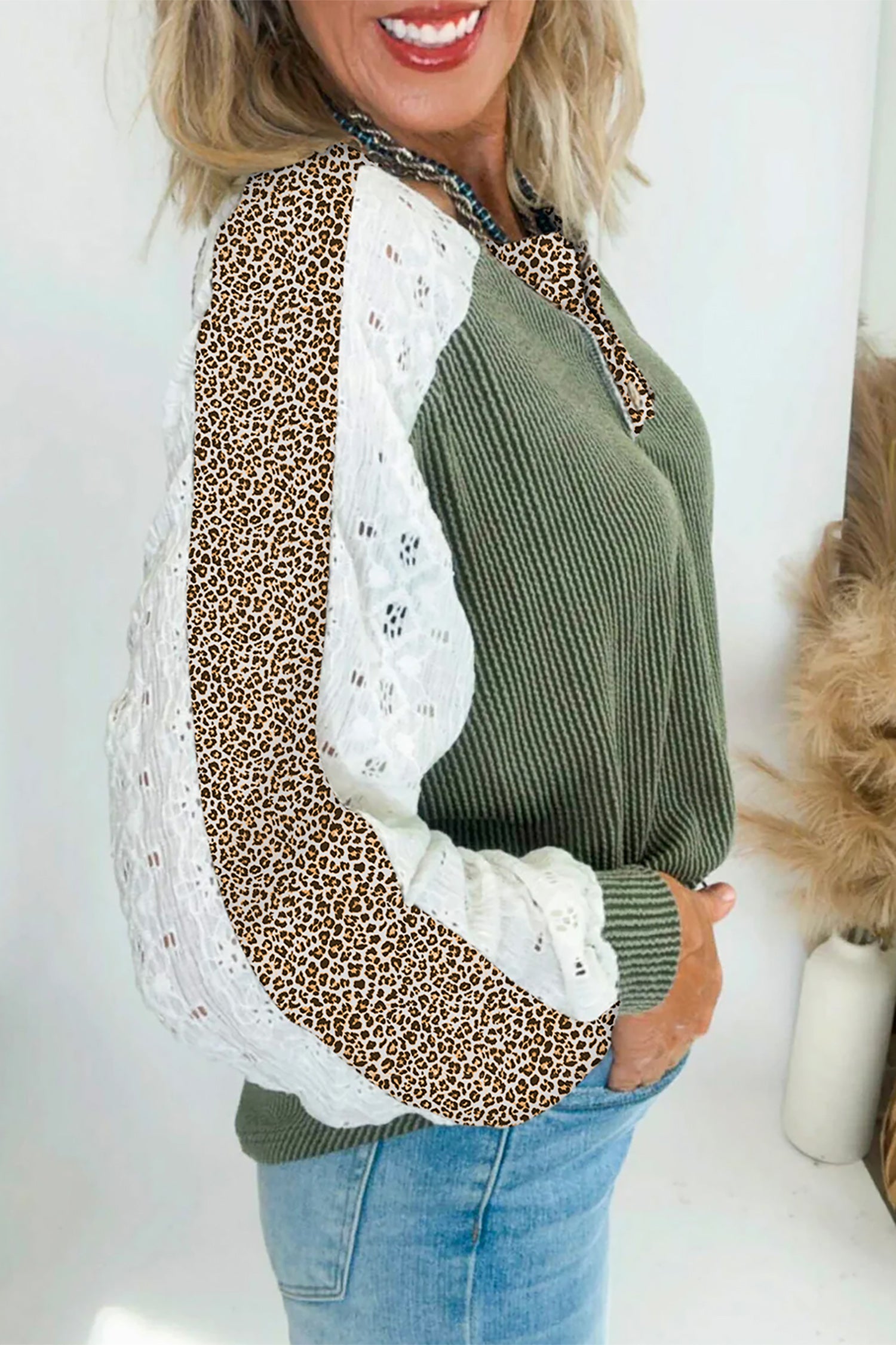 Vineyard Green Twisted Ribbed Leopard Lace Contrast Patchwork Long Sleeve Top