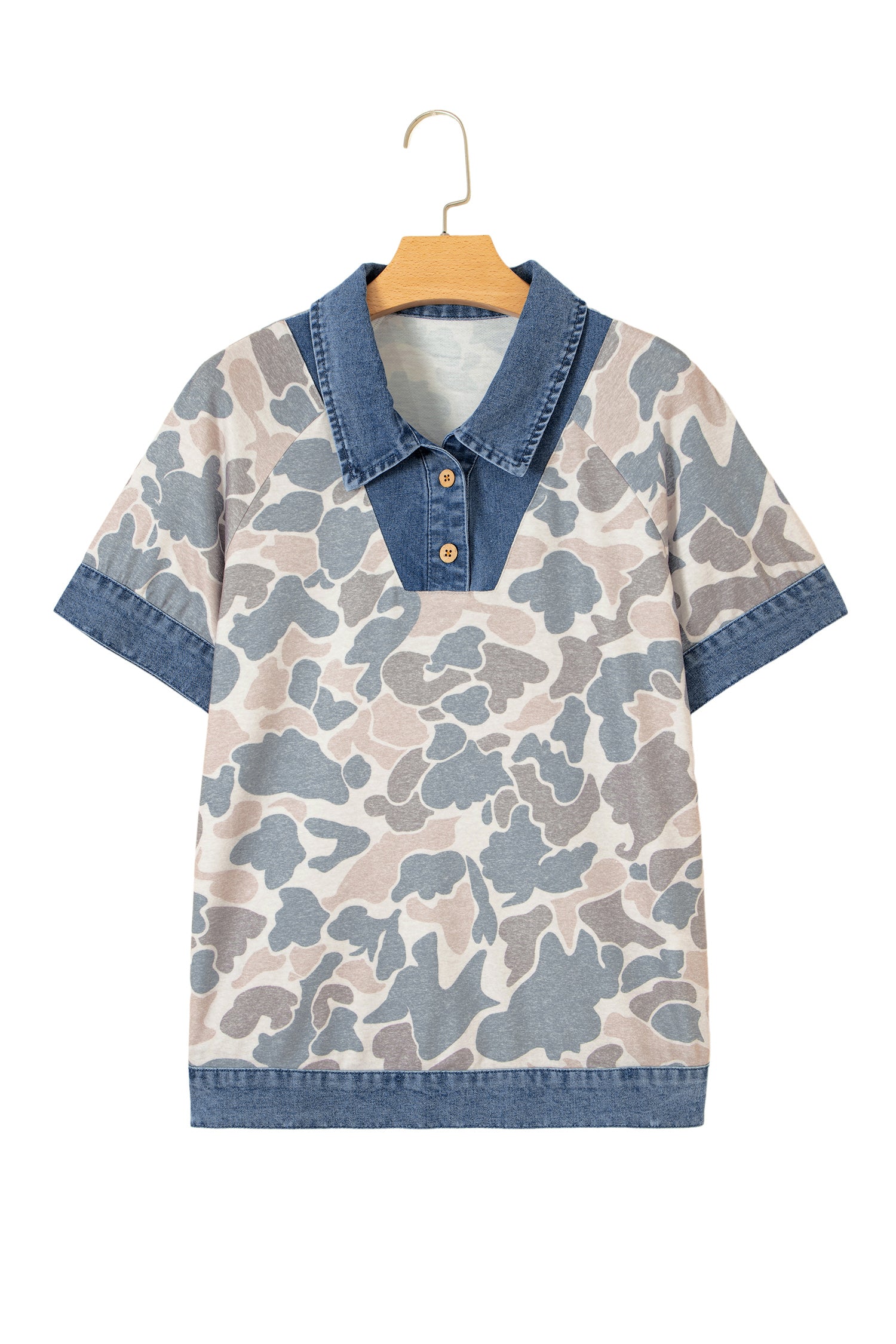 Multicolour Camouflage Print Denim Patchwork Polo Collar Tee