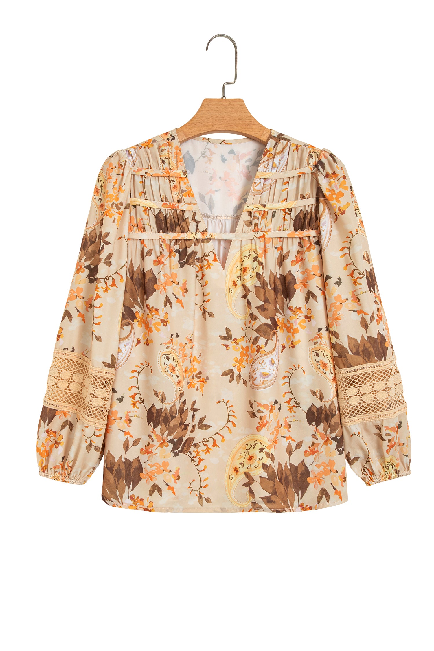 Khaki Paisley Print Decorative Binding Tape V Neck Shift Blouse