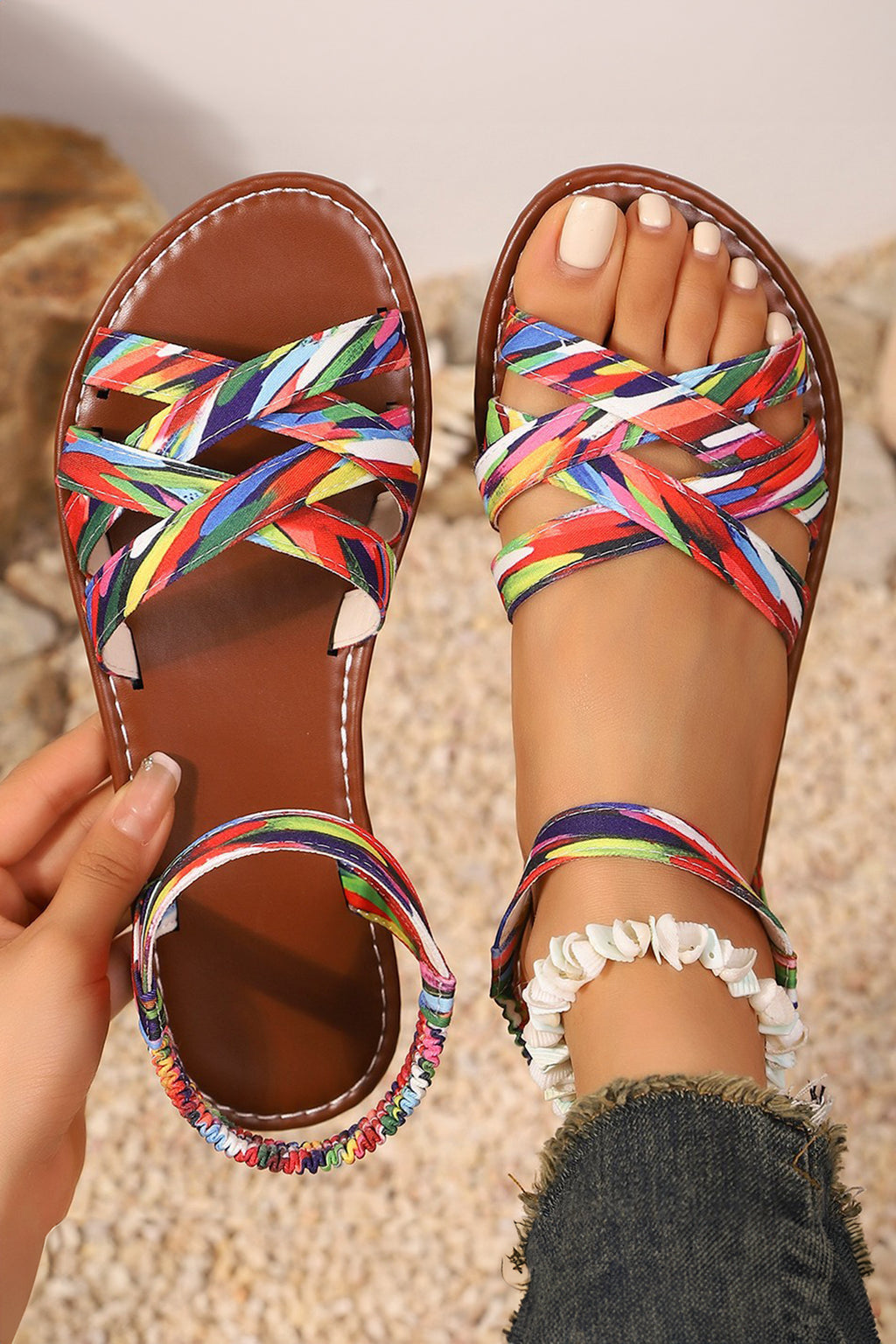Cinnamon Colorful Caged Band Flat Roman Strap Sandals