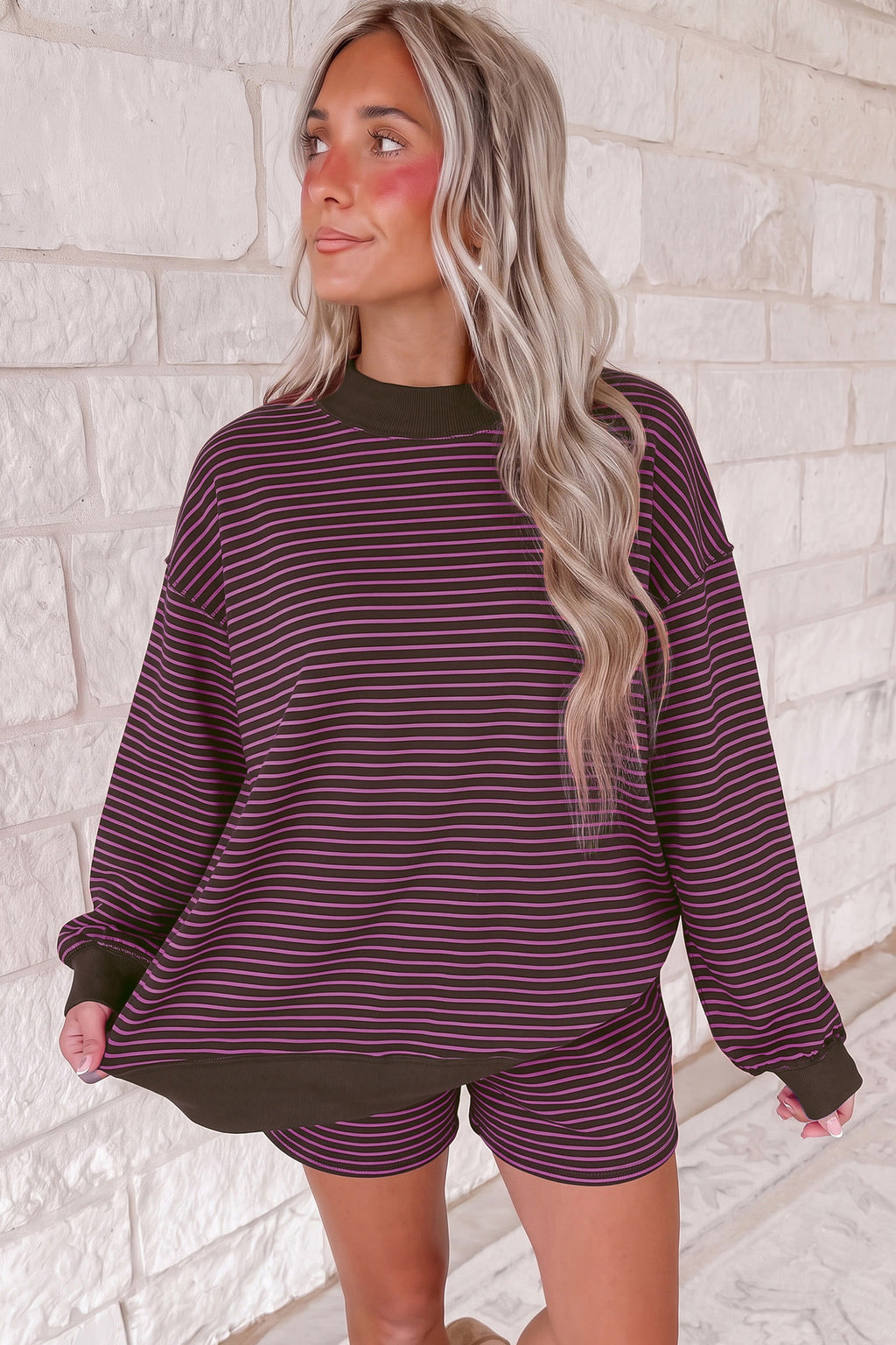 Brown Ribbed Patchwork Mock Neck Baggy Pullover Matching Shorts Set