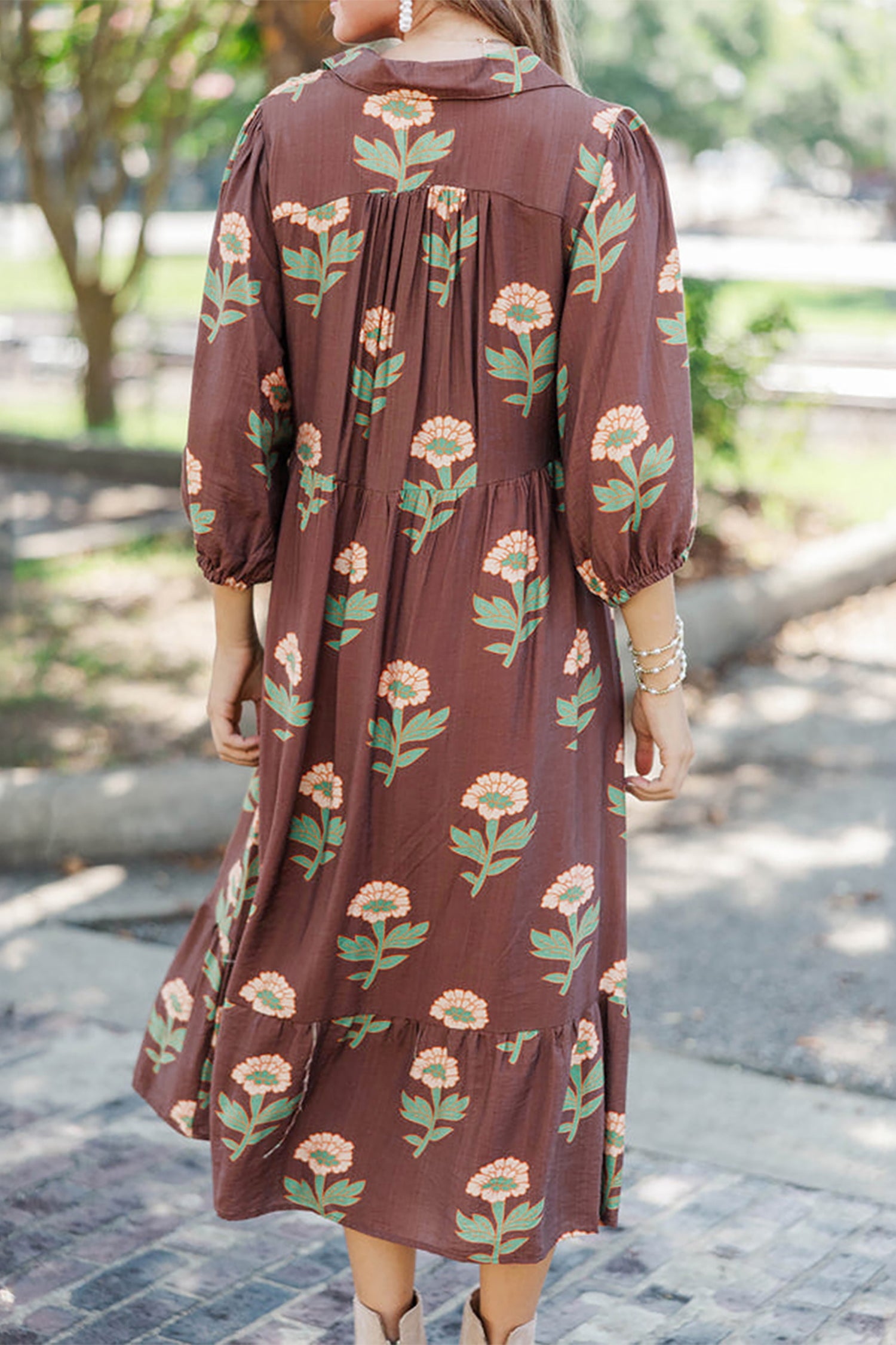 Brown Floral Print V-Neck Long Sleeve Loose Shift Plus Size Dress