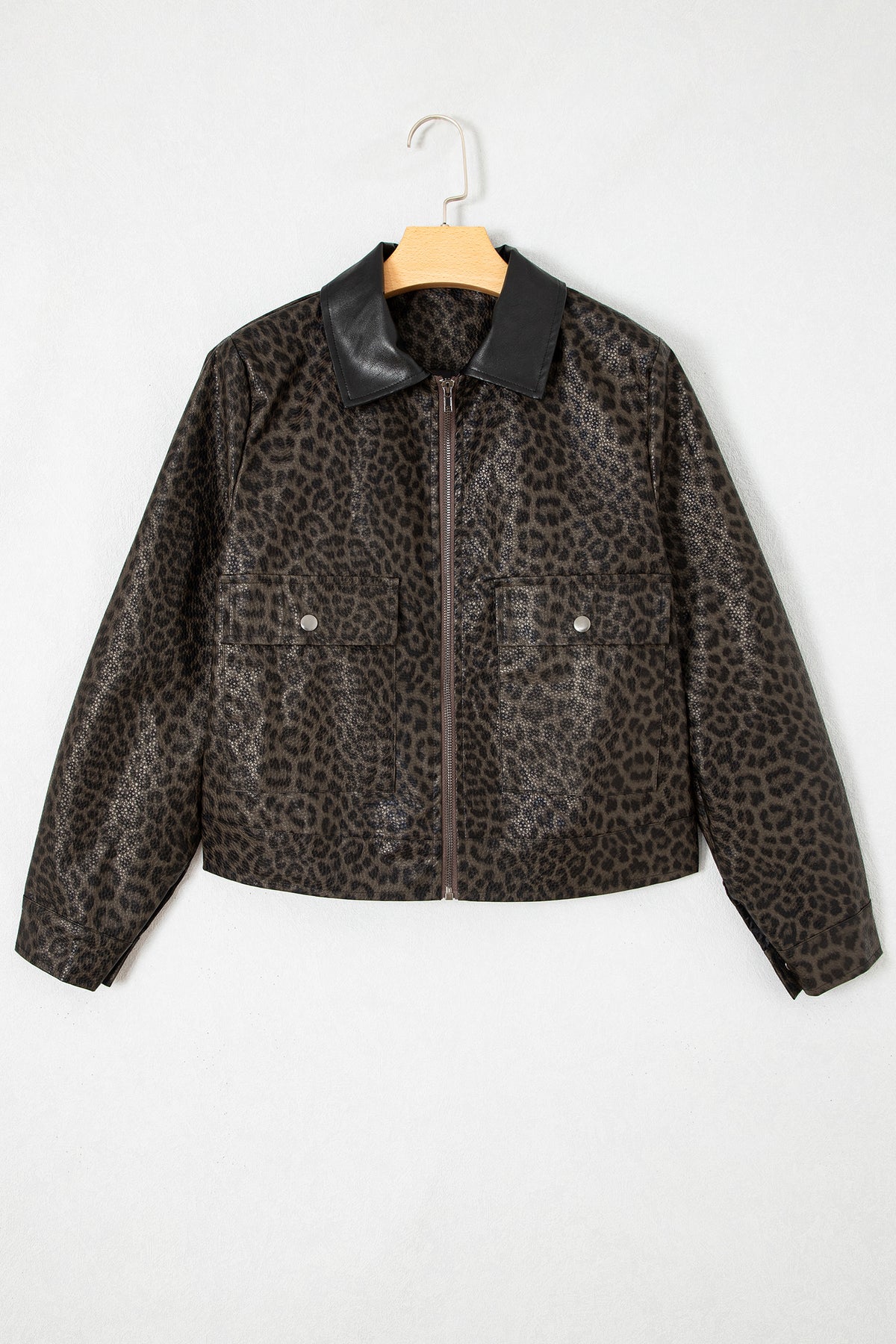 Multicolour Leopard Print Colorblock Collar Metal Placket Jacket