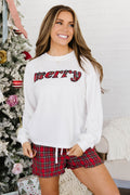 White Plaid Merry Slogan Embroidered Pocket Long Sleeve Shift Lounge Set