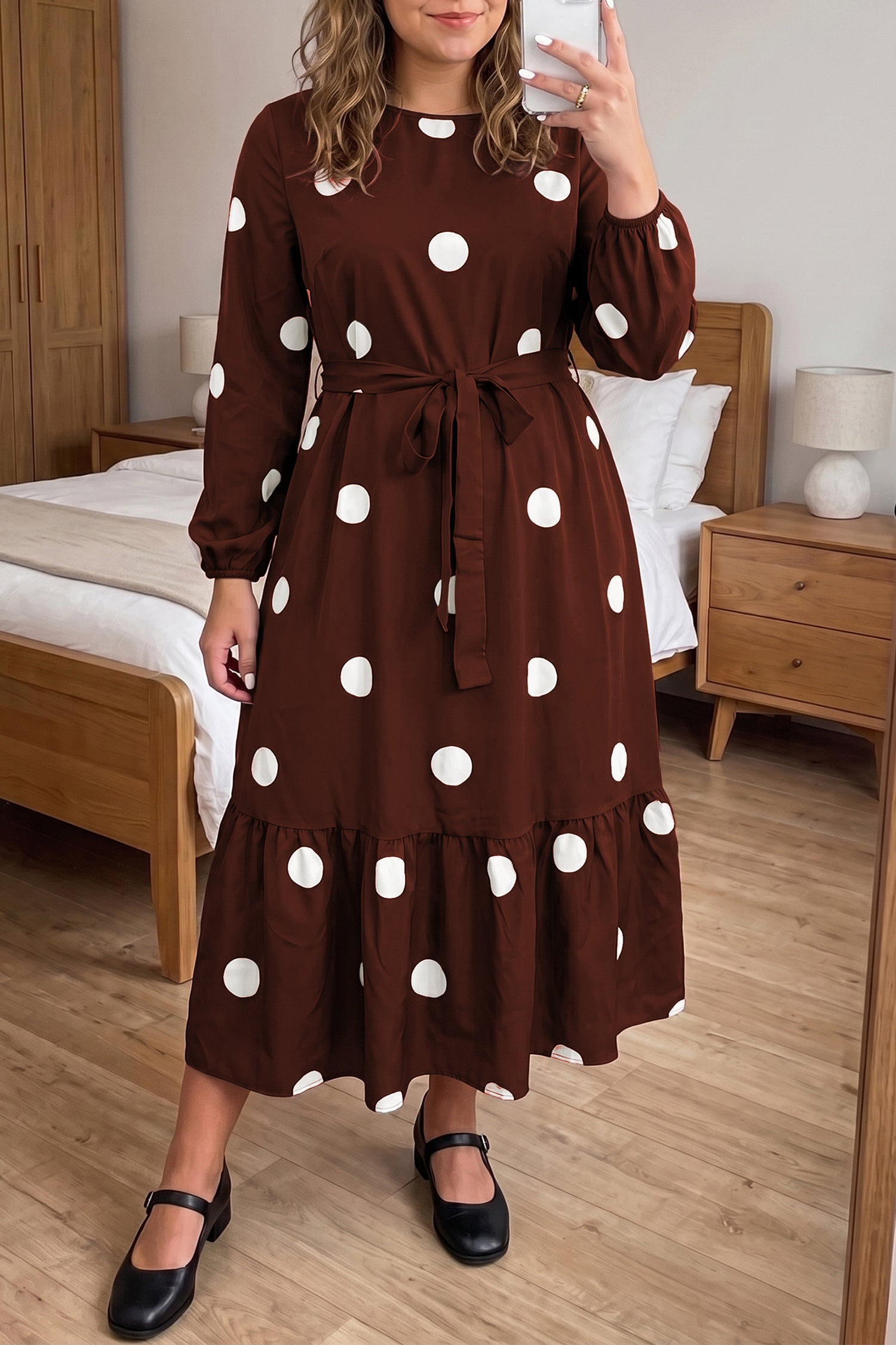 Brown Polka Dot Ruffled Hem Long Sleeve Tie Waist Plus Size Dress
