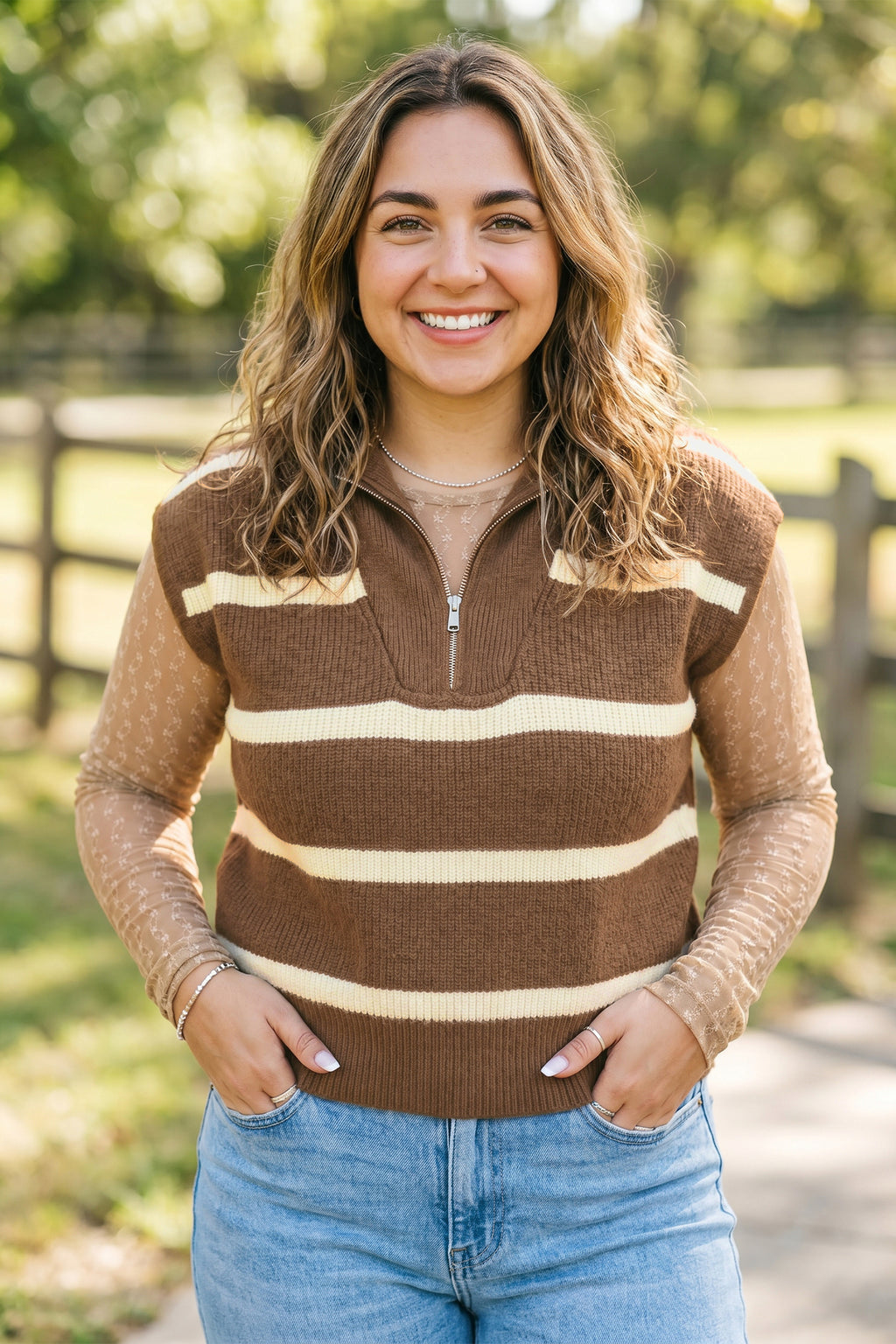 Brown Stripe Striped Colorblock Drop Shoulder V Neck Tunic Sweater T-shirt