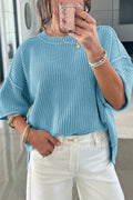 Mist Blue Exposed Seam Detail Half Sleeve Loose Sweater
