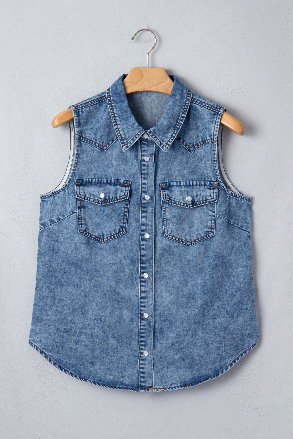 Dusk Blue Buttoned Front Collared Denim Sleeveless Top