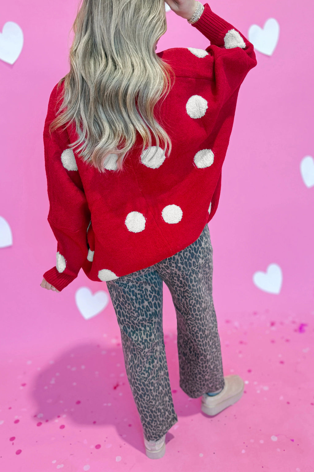 Red Polka Dot Button Front Oversized V Neck Cardigan
