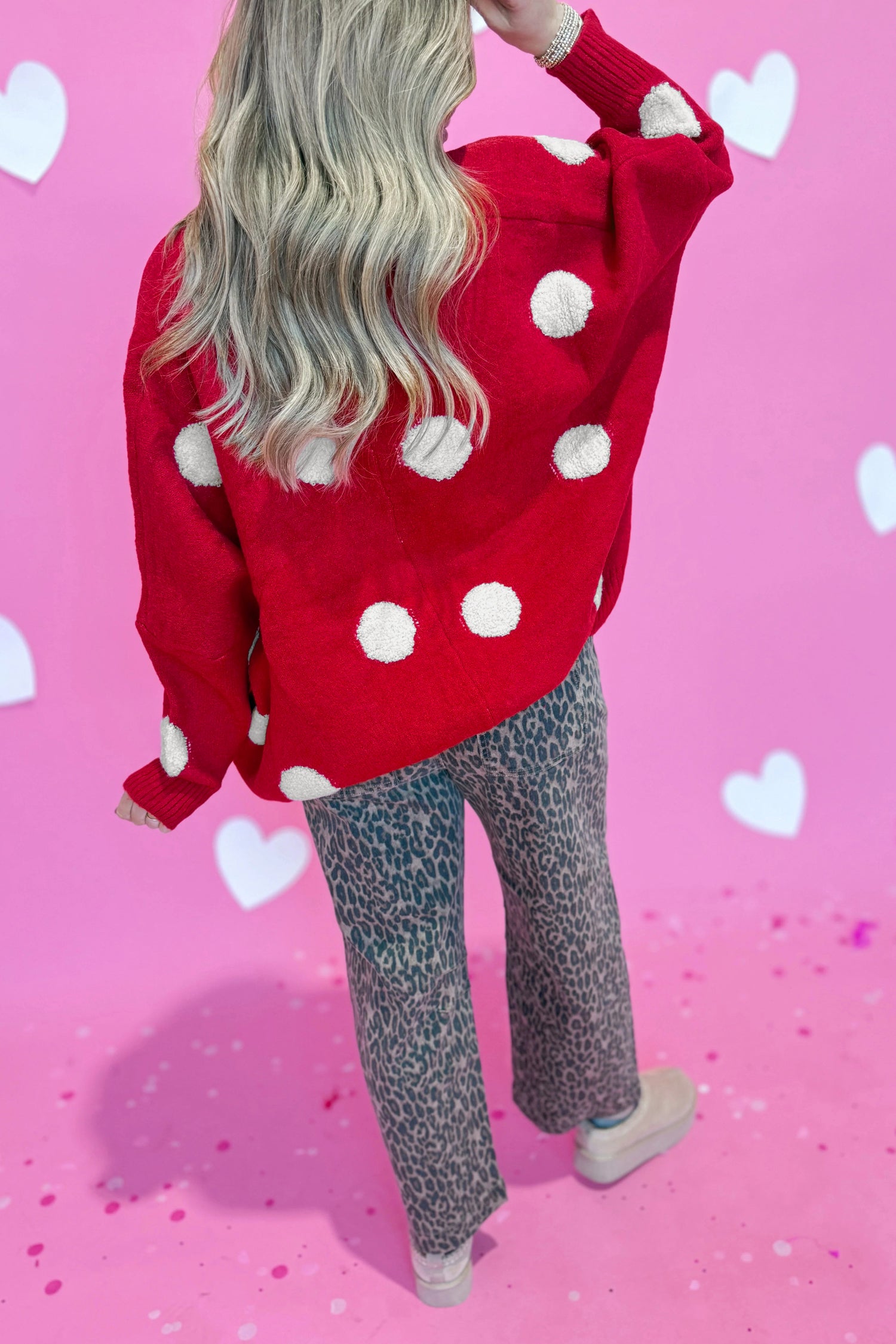 Red Polka Dot Button Front Oversized V Neck Cardigan