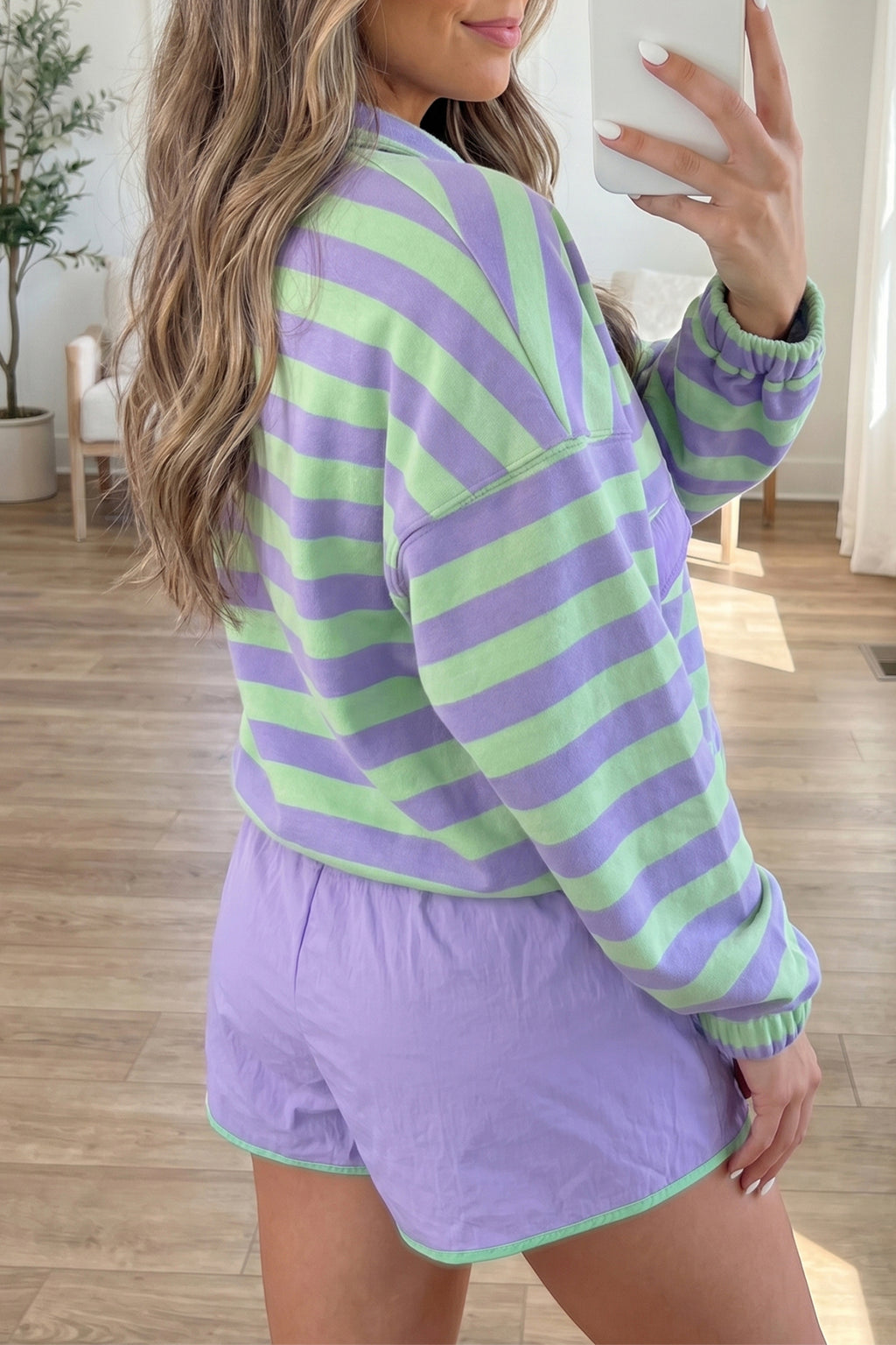 Purple Stripe Snap Button Long Sleeve Henley Top Contrast Shorts Two Piece Set