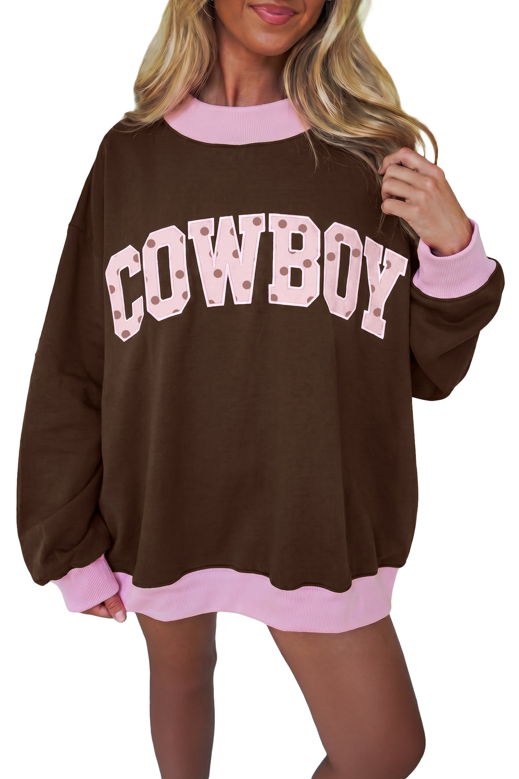 Pink Polka Dot Letter Graphic Colorblock Tunic Sweatshirt