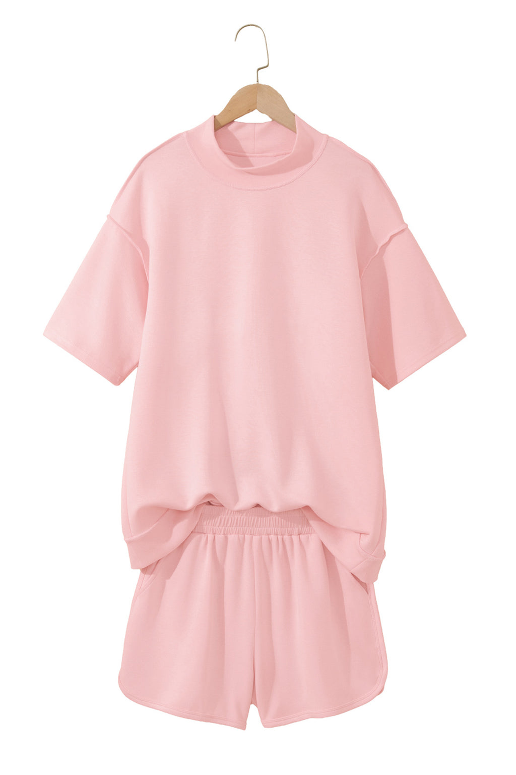 Light Pink Solid Color Exposed Seam Mock Neck Oversize Tee Casual Shorts 2pcs Outfit