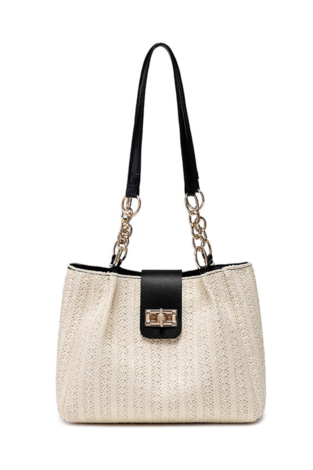 Black PU Leather Chain Handle Woven Textured Knit Tote Bag