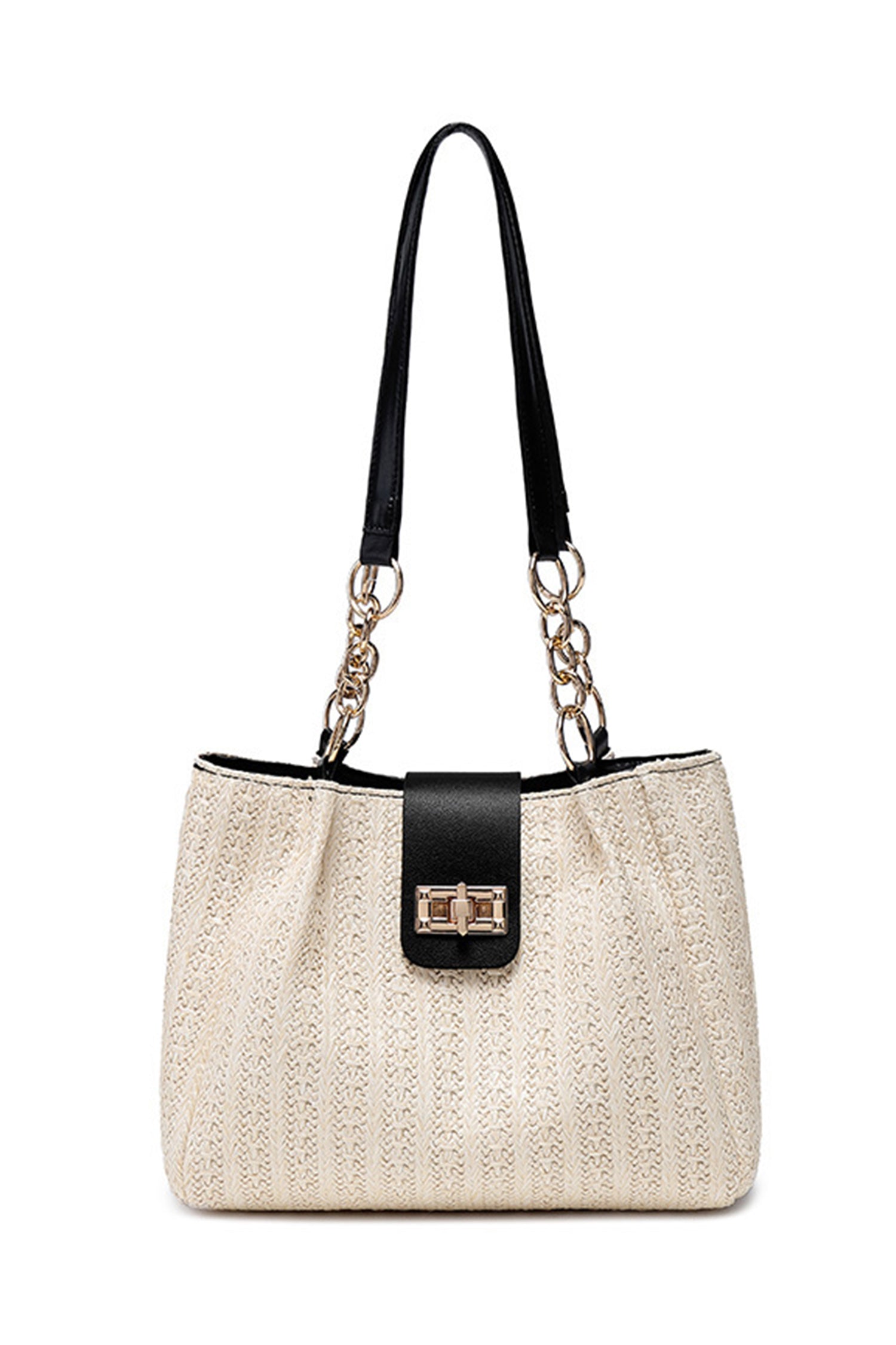 Black PU Leather Chain Handle Woven Textured Knit Tote Bag