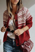 Red Geometric Print Button Front Long Sleeve Knitwear Cardigan