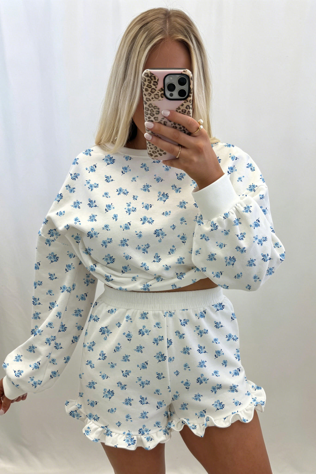 Sky Blue Floral Print Long Sleeve Top Elastic Waist Ruffle Hem Shorts 2pcs Set