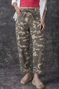 Green Leopard Printed Drawstring Elastic Waistband Pocketed Barrel Jeans