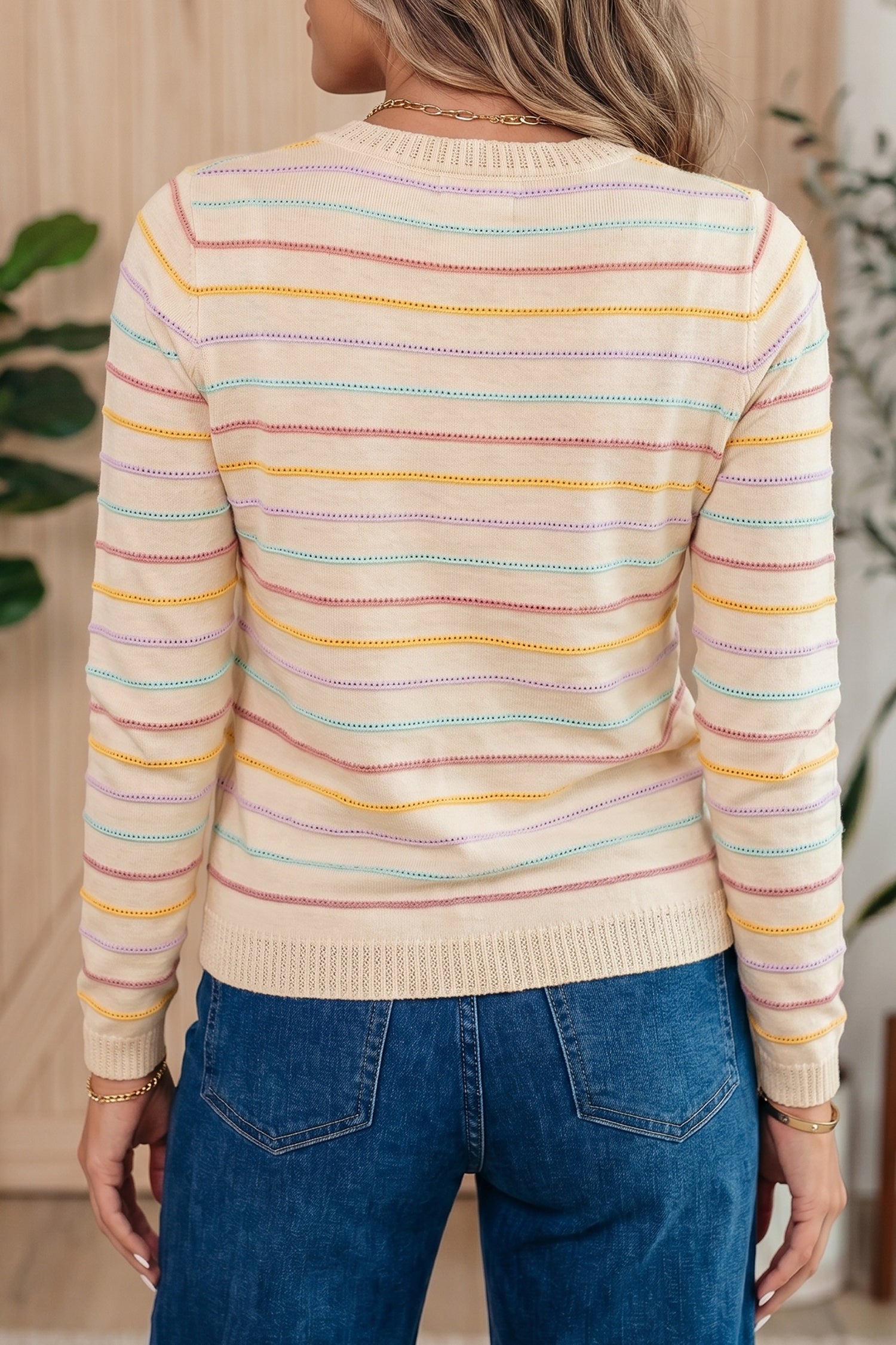 Beige Stripe Colorful Stripes Crew Neck Knit Sweater