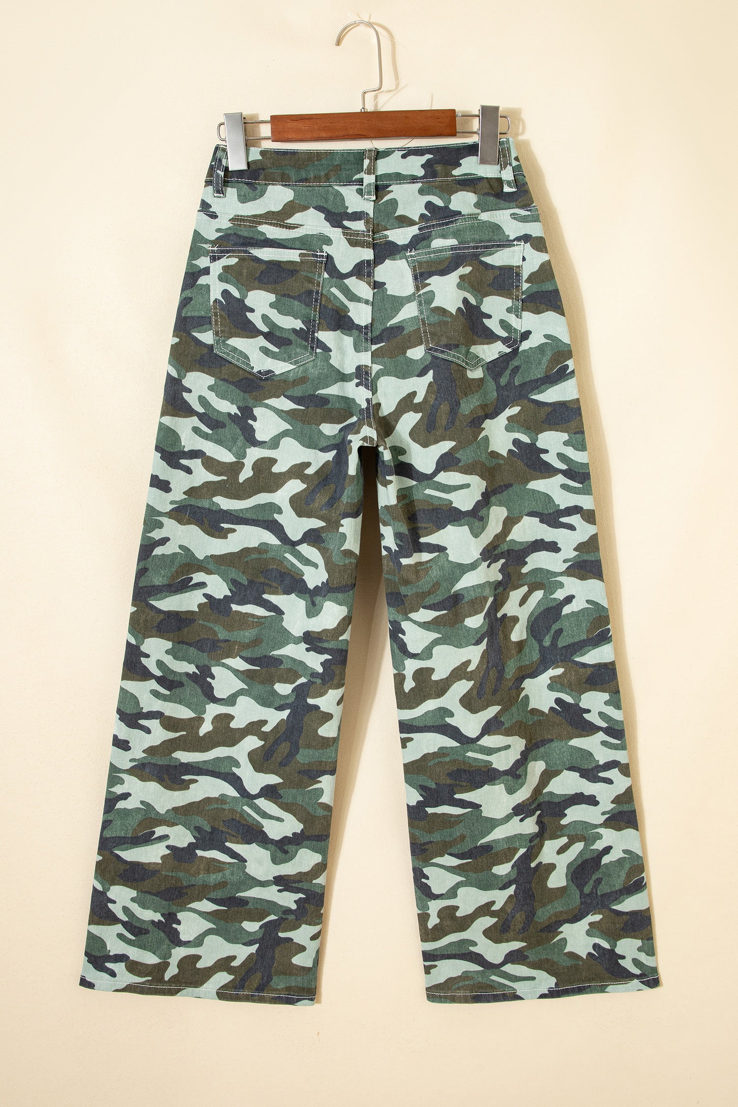 Green Camouflage Print Wide Leg Drawstring Denim Pants