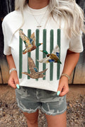 White Western Mallard Stripes Printed Graphic Round Neck Casual Tee