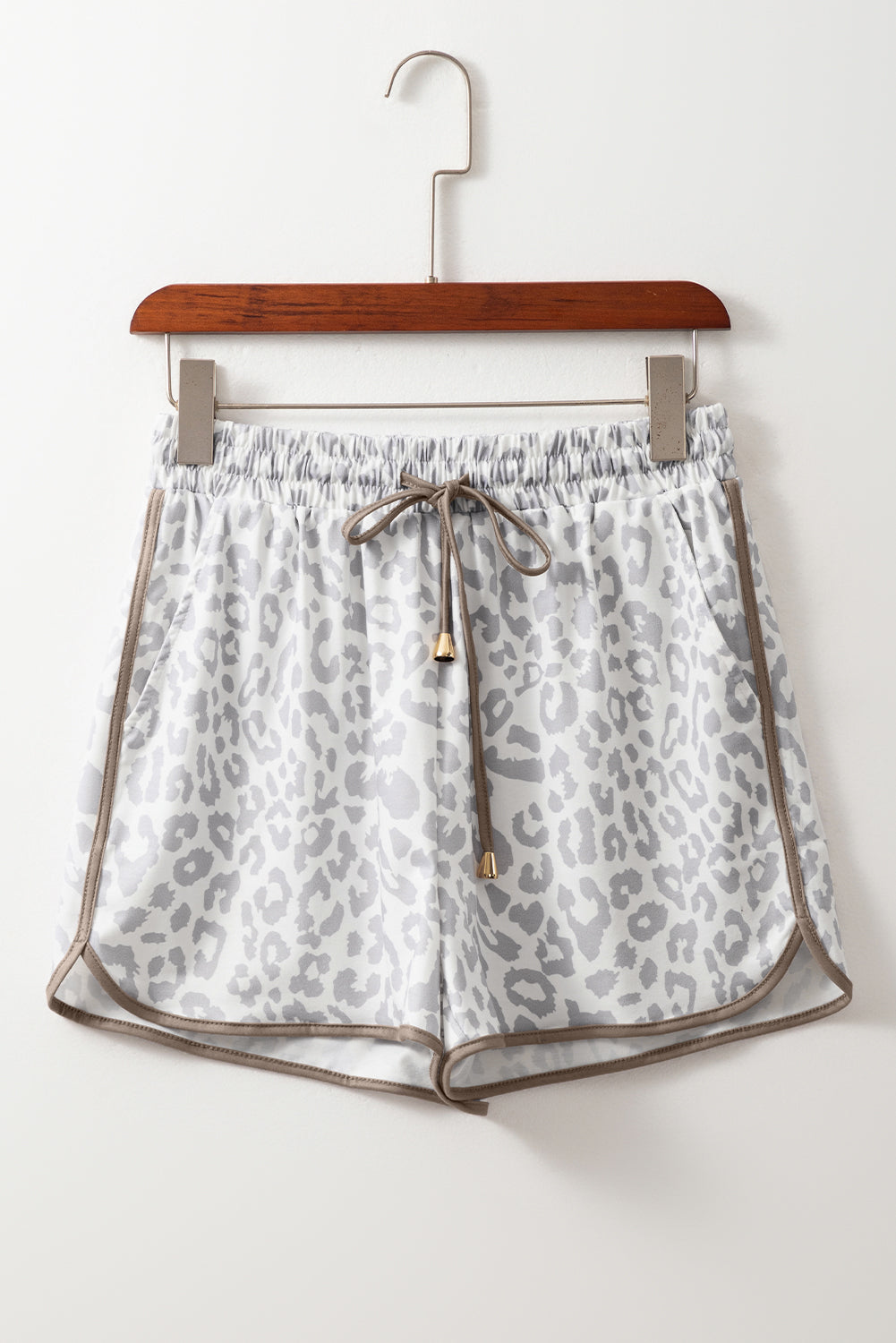 White Leopard Elastic Waistband Lace up Contrast Trim Casual Shorts