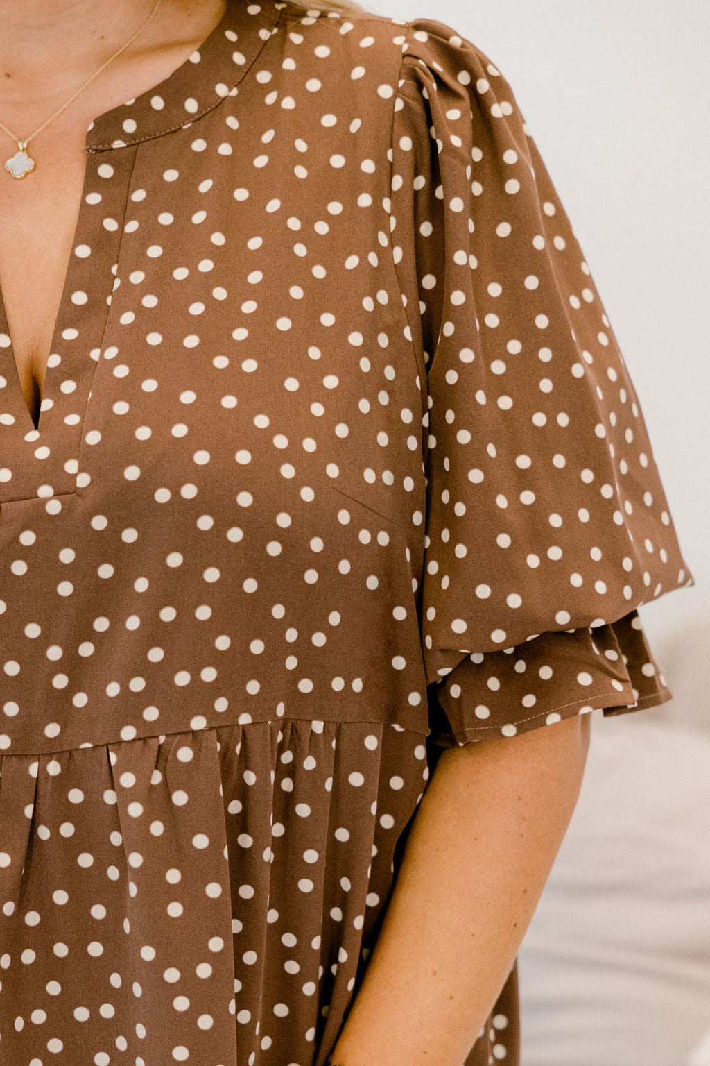 Brown V Neck Polka Dot Long Sleeve Shift Plus Size Dress