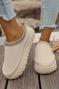 White Faux Suede Woven Trim Plush Lining Platform Slippers