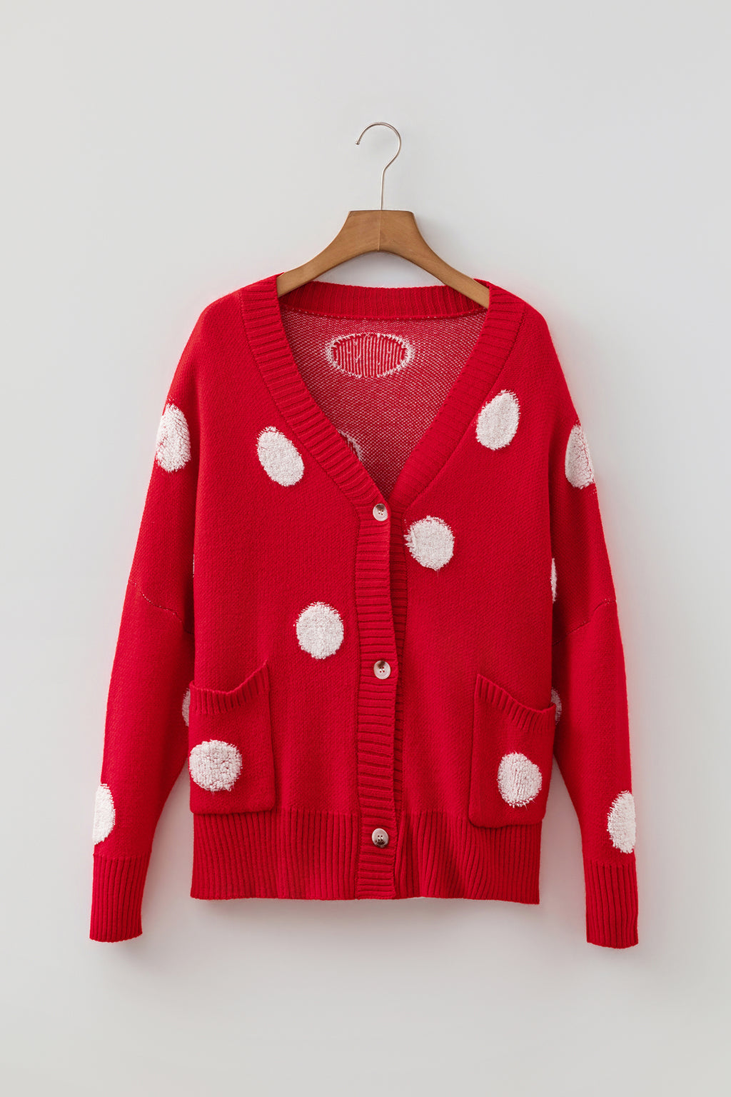 Red Polka Dot Button Front Oversized V Neck Cardigan