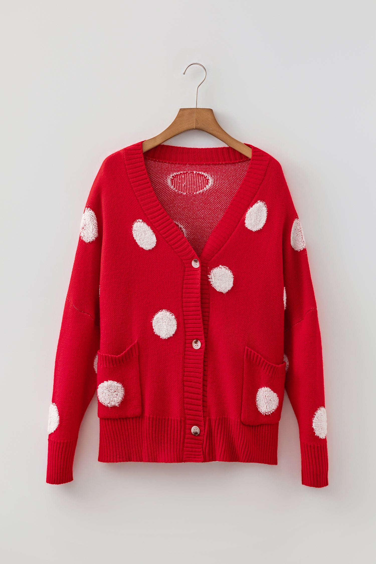 Red Polka Dot Button Front Oversized V Neck Cardigan
