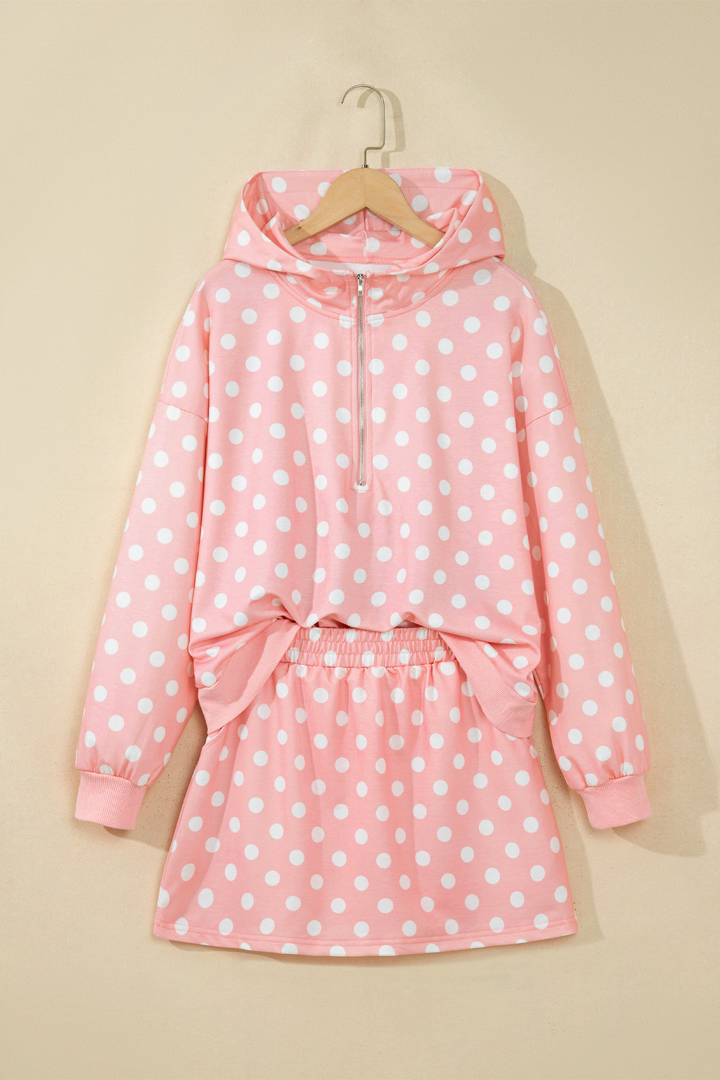 Khaki Polka Dot Hooded Long Sleeve Top Casual Mini Skort Set